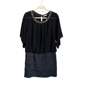 Beatrice Sheer Beaded Neck Mini Dress 38 S/M Black Tiered Layered Party Cocktail